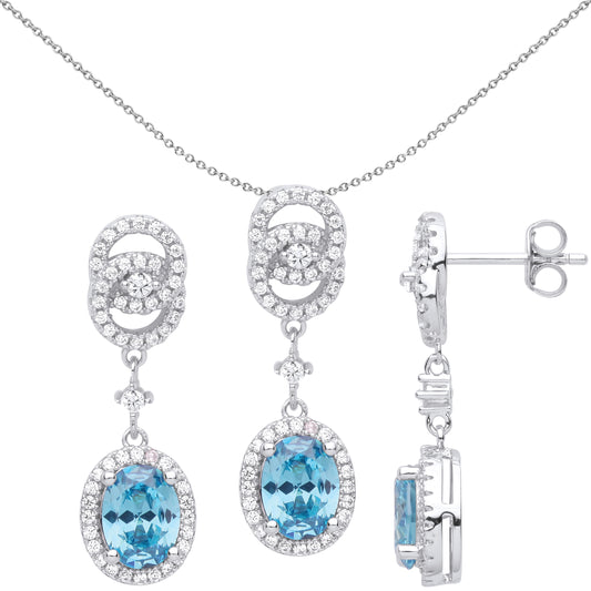 Silver  Double Halo Cluster Raindrop Earrings Necklace Set - GSET620