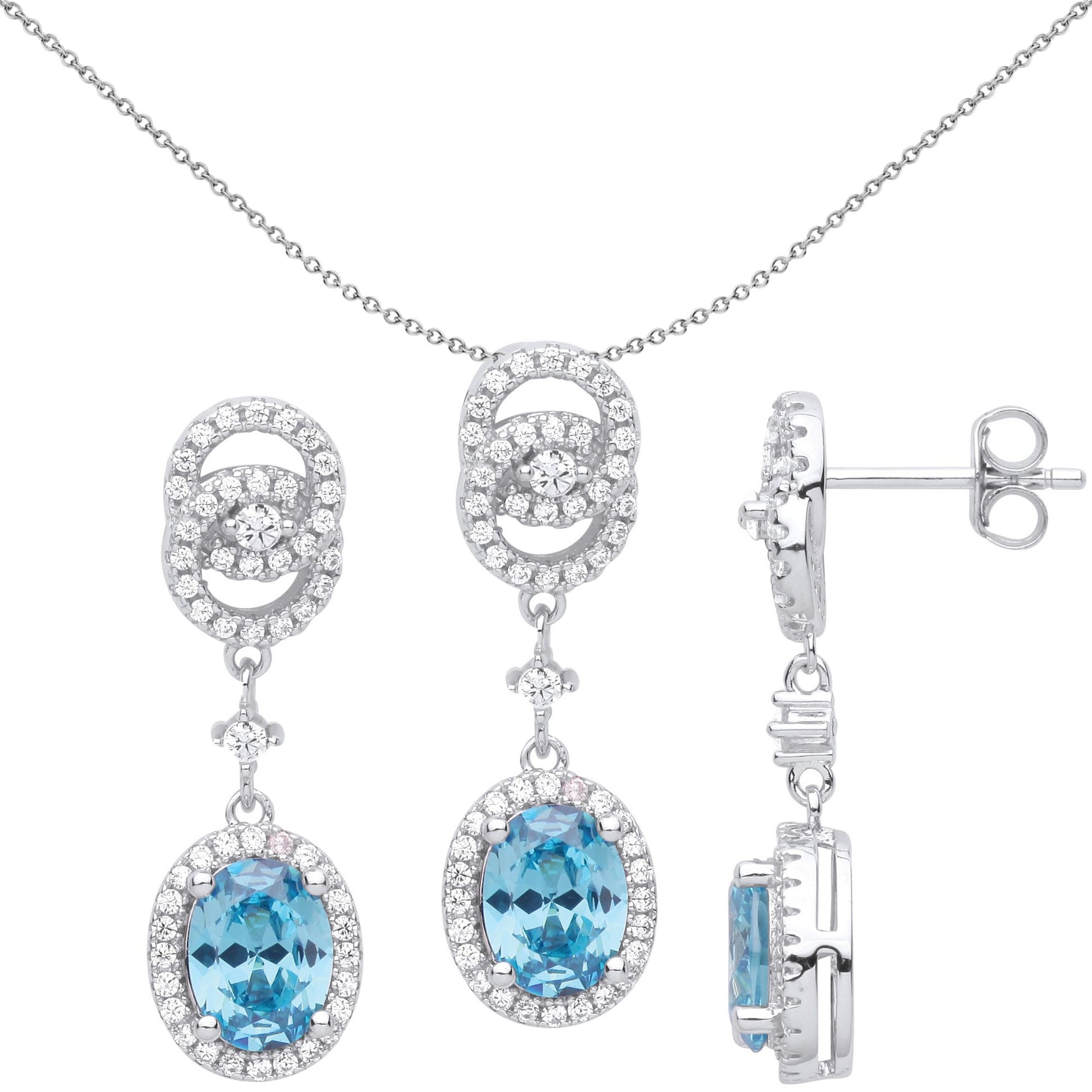Silver  Blue Oval CZ Double Halo Raindrop Earrings Necklace Set - GSET620