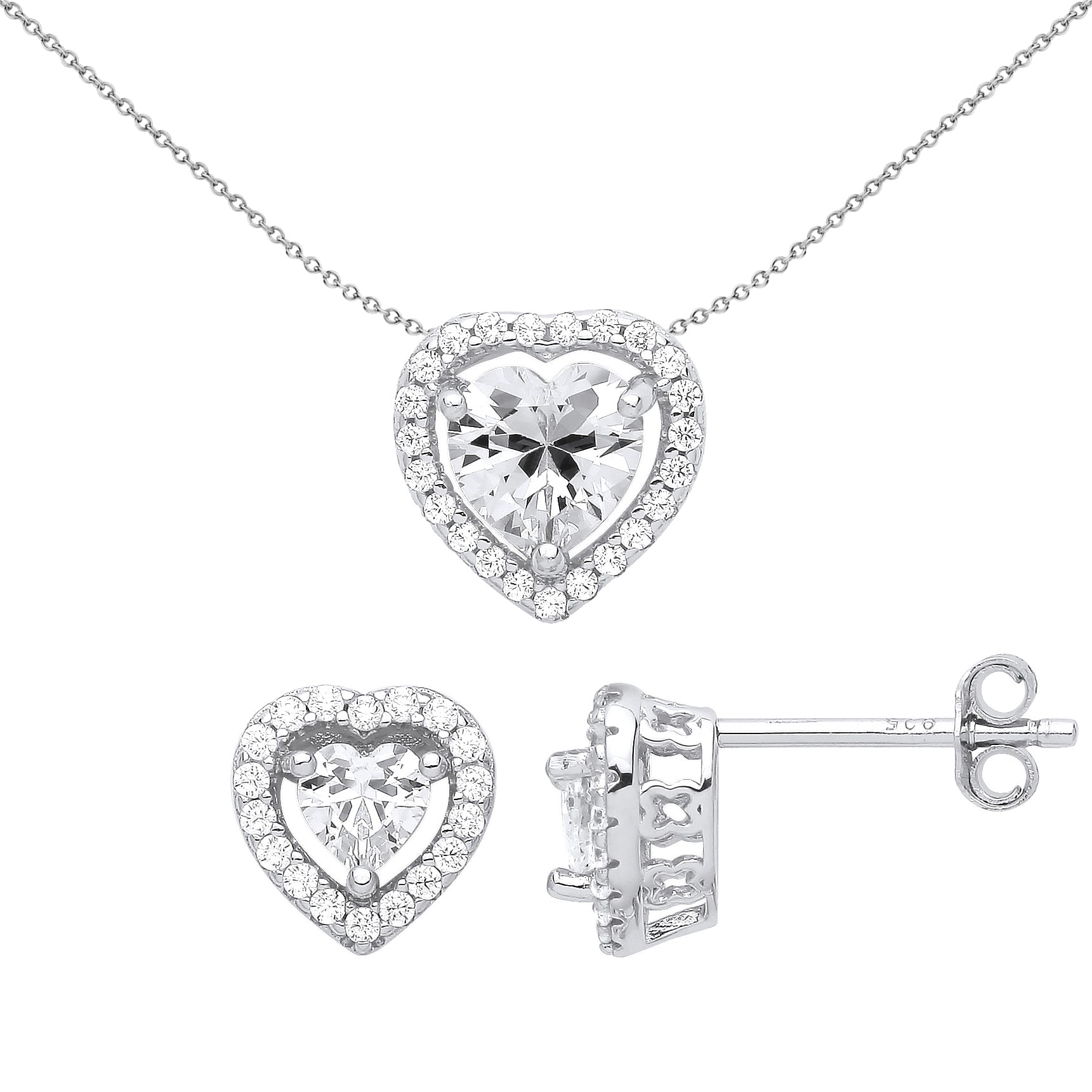 Silver  Love Heart Halo Earrings Necklace Set - GSET622
