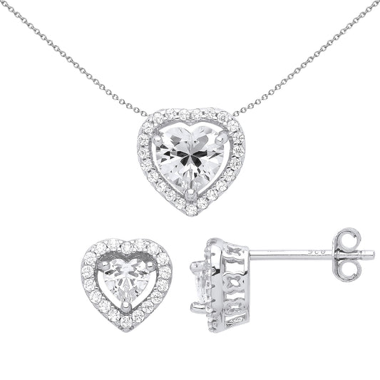 Sterling Silver  Heart CZ Love Heart Halo Earrings Necklace Set - GSET622