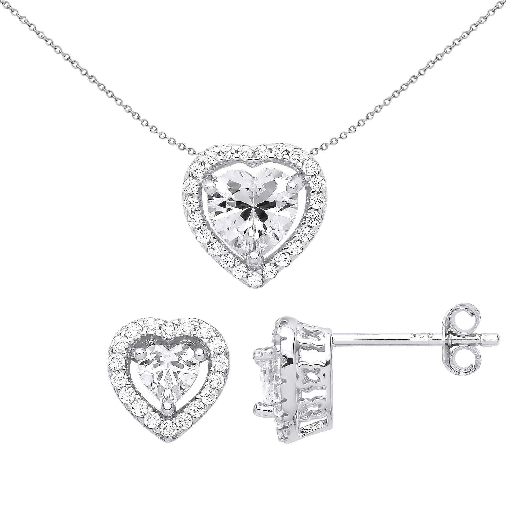 Sterling Silver  Heart CZ Love Heart Halo Earrings Necklace Set - GSET622