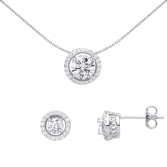 Silver  Round Halo Solitaire Earrings Necklace Set - GSET623