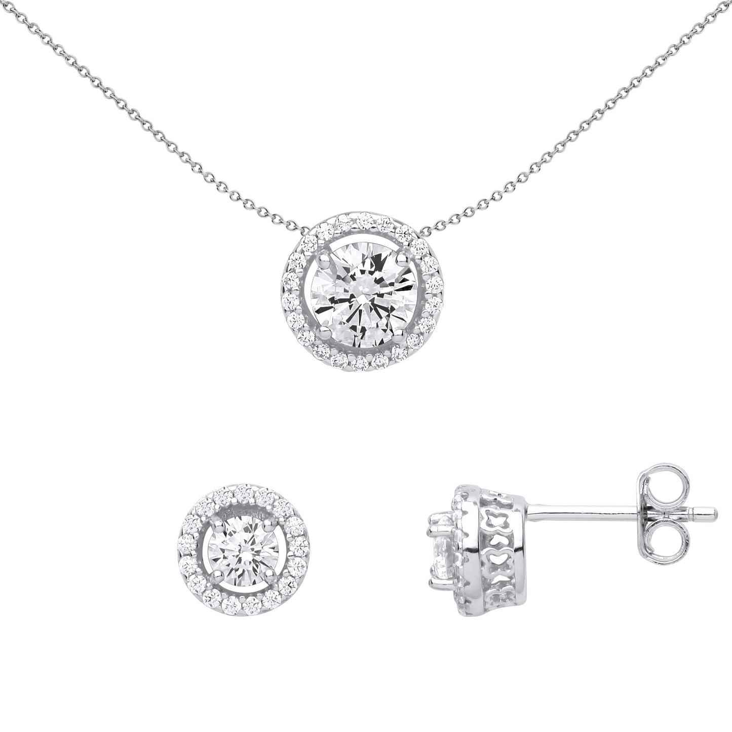 Silver  Round Halo Solitaire Earrings Necklace Set - GSET623