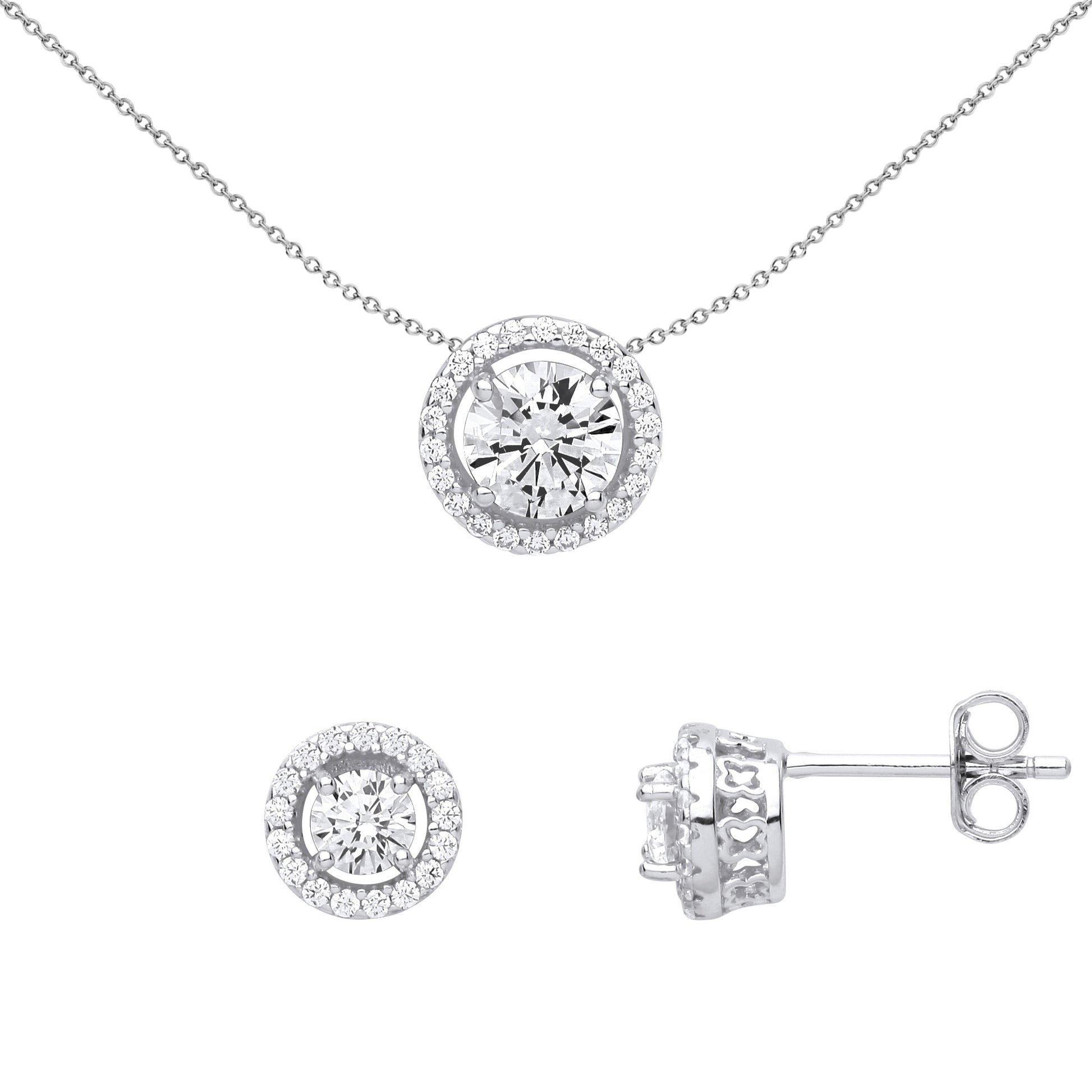 925 Sterling Silver  CZ Round Halo Solitaire Earrings Necklace Set - GSET623