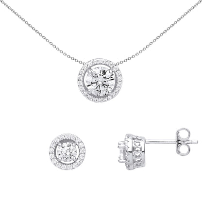 925 Sterling Silver  CZ Round Halo Solitaire Earrings Necklace Set - GSET623