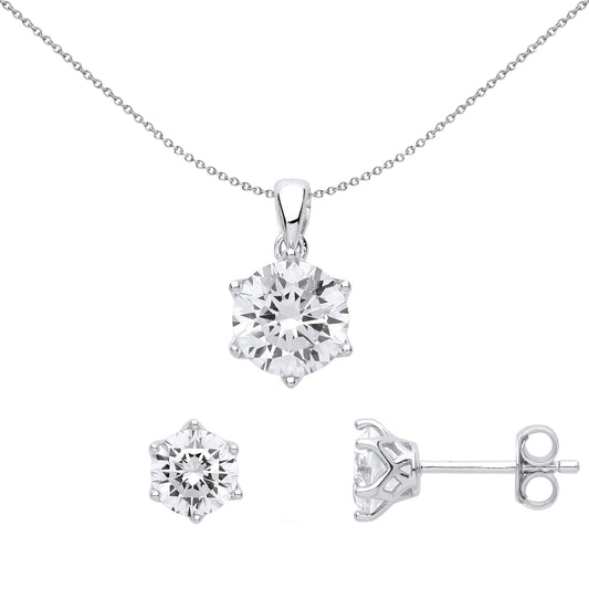 Silver  Crown 6 Claw Solitaire Earrings Necklace Set - GSET624