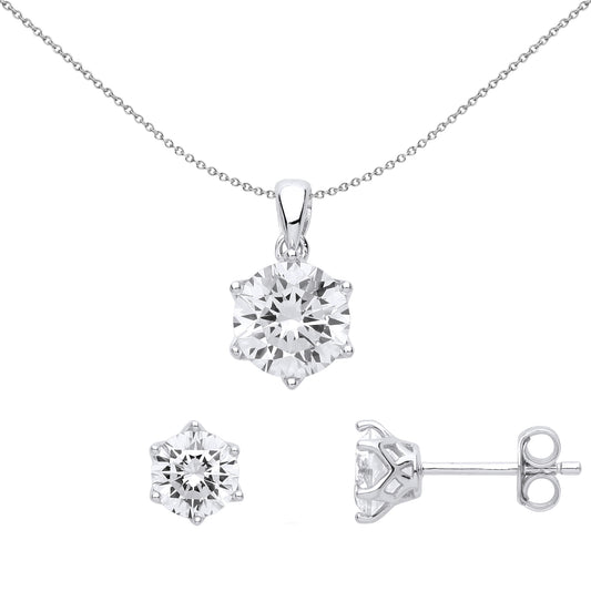 Sterling Silver  CZ Crown 6 Claw Solitaire Earrings Necklace Set - GSET624