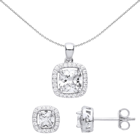 Silver  TV Square Halo Solitaire Earrings Necklace Set - GSET625