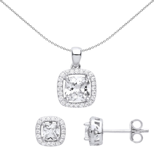 Silver  Cushion CZ TV Square Halo Solitaire Earrings Necklace Set - GSET625