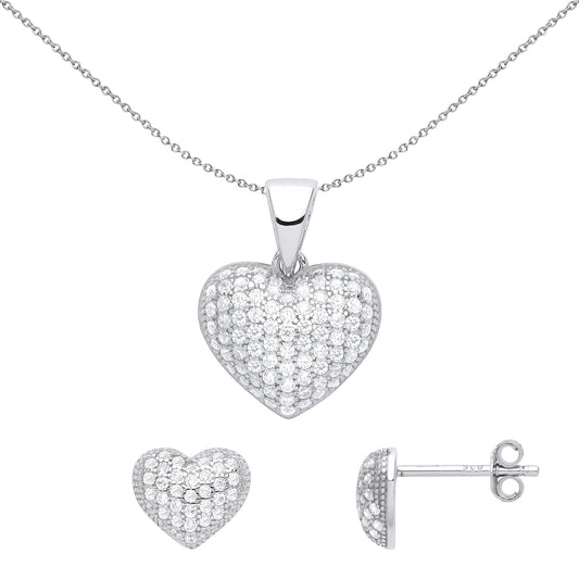 Silver  CZ 3D Domed Love Heart Pave Cluster Earrings Necklace Set - GSET626