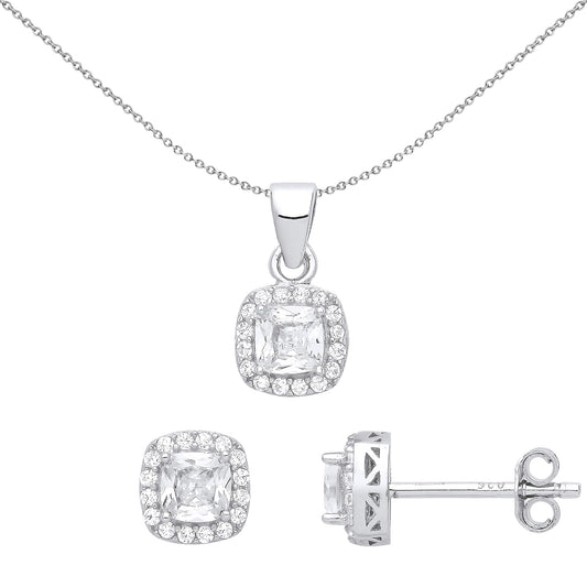 Silver  TV Square Halo Solitaire Earrings Necklace Set - GSET628
