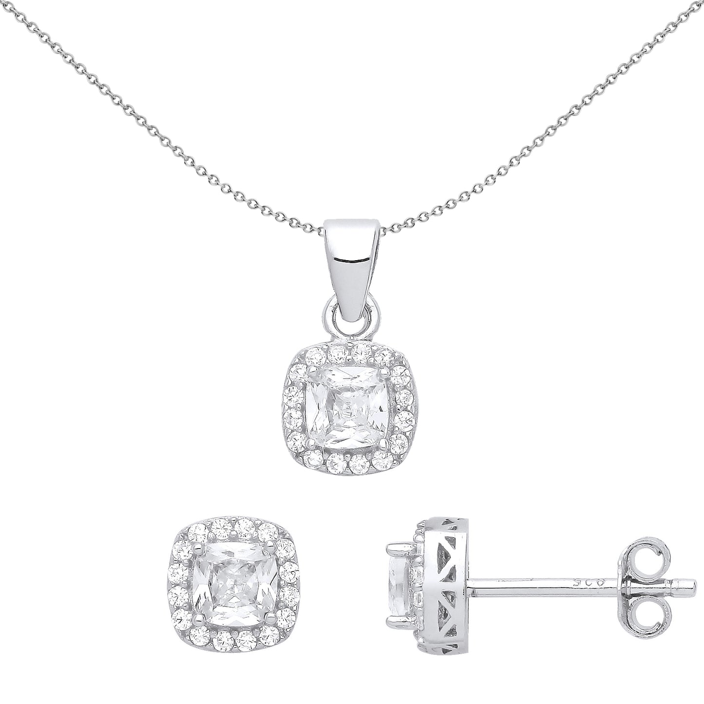 Silver  Cushion CZ TV Square Halo Solitaire Earrings Necklace Set - GSET628