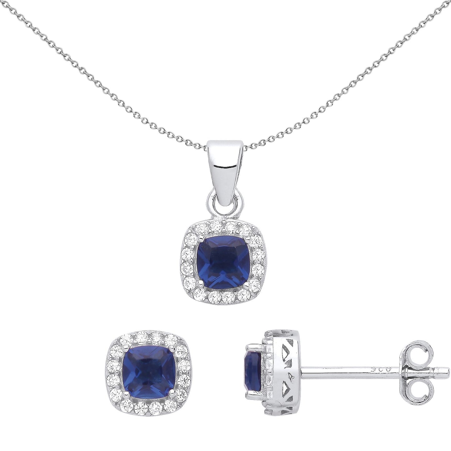 Silver  Blue Cushion CZ TV Square Halo Earrings Necklace Set - GSET629