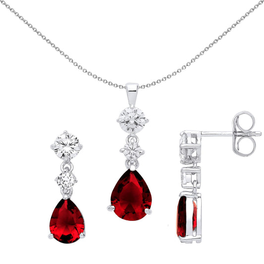 Silver Ruby Red Pear CZ Trilogy Drop Earrings Necklace Set - GSET630RU