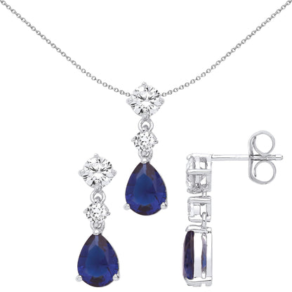 Silver  Blue Pear CZ Trilogy Tears of Joy Earrings Necklace Set - GSET630
