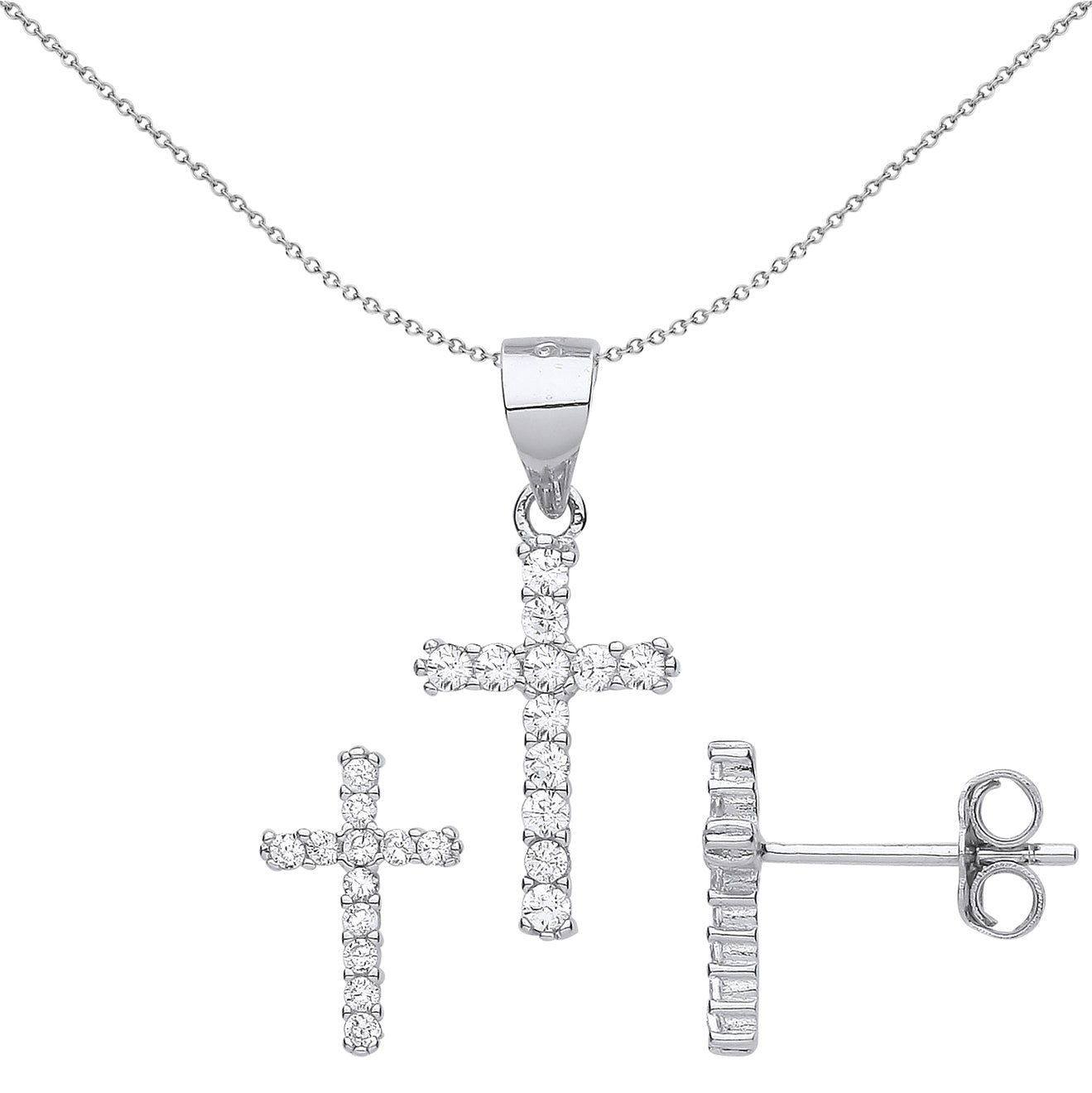 Silver  Dozen Stone Cross Earrings Necklace Set - GSET631