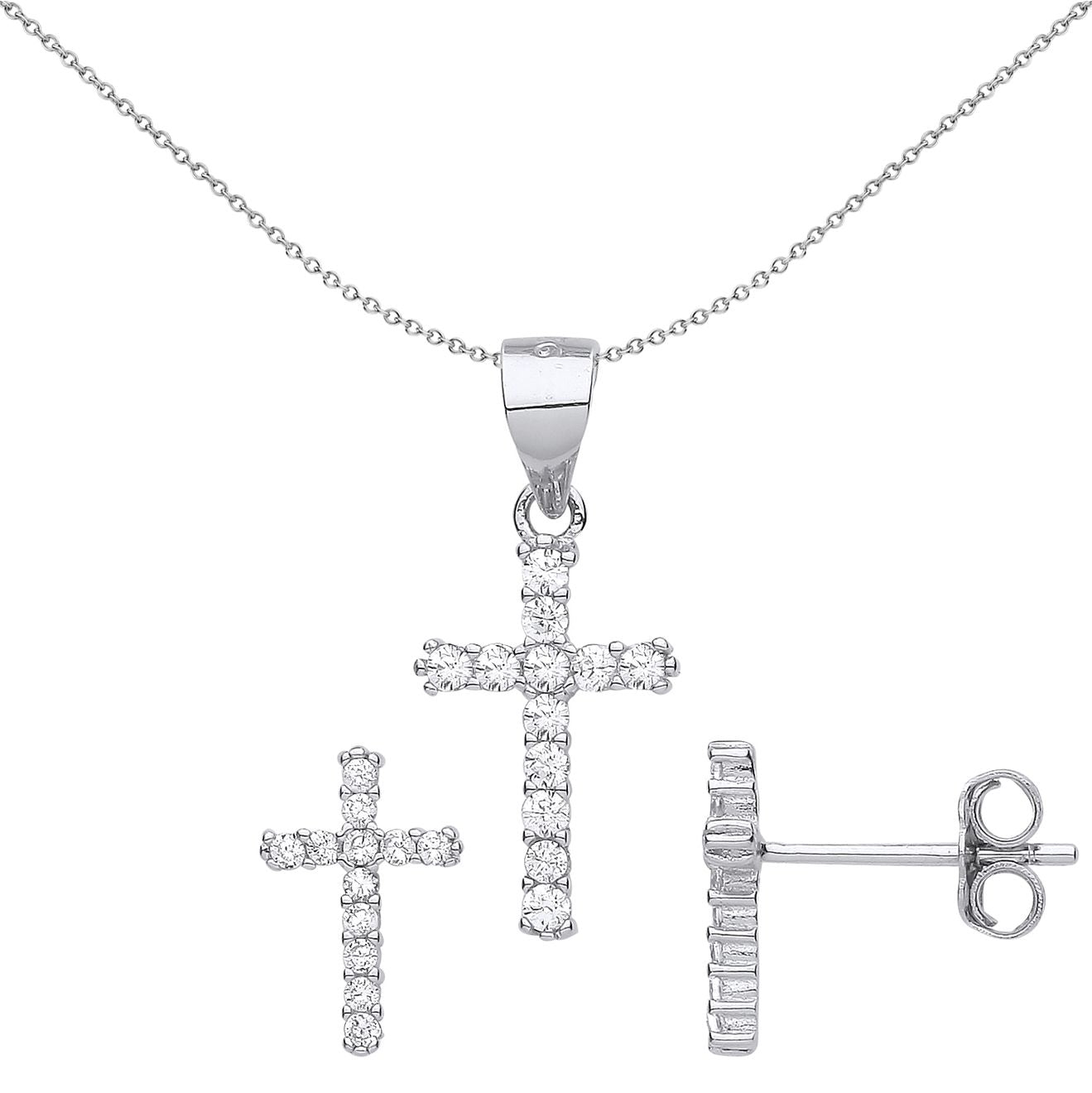 925 Sterling Silver  CZ Dozen Stone Cross Earrings Necklace Set - GSET631