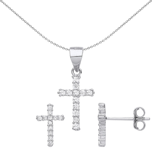 925 Sterling Silver  CZ Dozen Stone Cross Earrings Necklace Set - GSET631