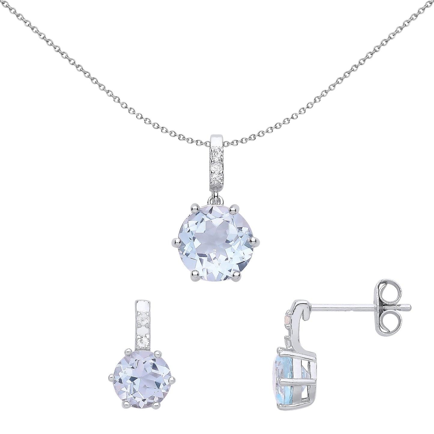 Silver  Lilac CZ Lollipop Cluster Solitaire Earrings Necklace Set - GSET633