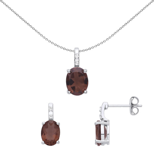 Silver Brown- Oval CZ Lollipop Solitaire Earrings Necklace Set - GSET634