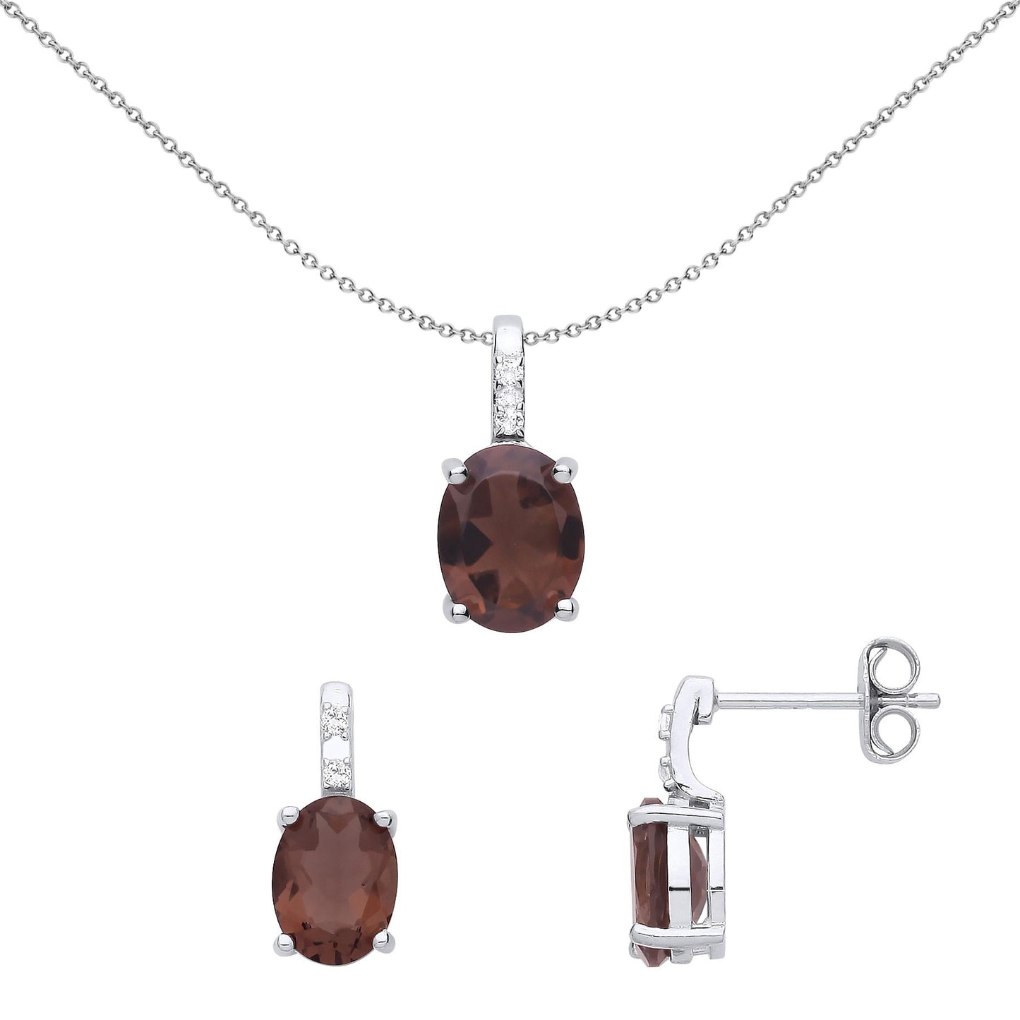 Silver  Brown- Oval CZ Lollipop Solitaire Earrings Necklace Set - GSET634