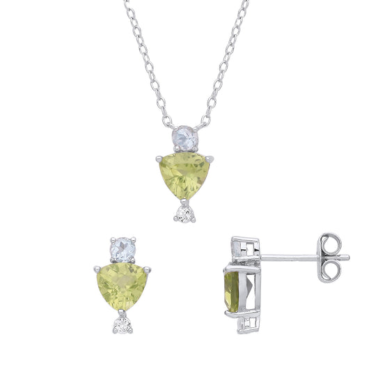 Silver  Green Trillion CZ Flying Squirrel Earrings Necklace Set - GSET635