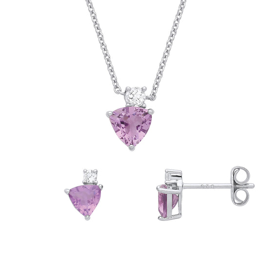 Silver  Lilac Trillion CZ Plectrum Shield Earrings Necklace Set - GSET637