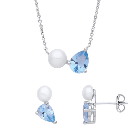 Silver  Blue Pearl CZ Baby Seal Toi et Moi Earrings Necklace Set - GSET638