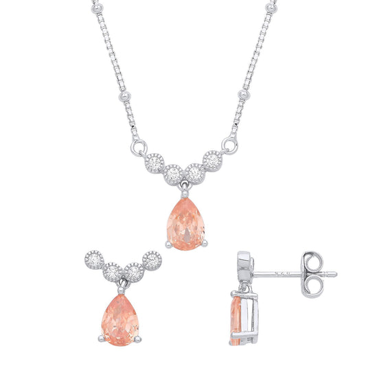 Silver  Peach Pear CZ Bead Halo Cluster Drop Earrings Necklace Set - GSET640