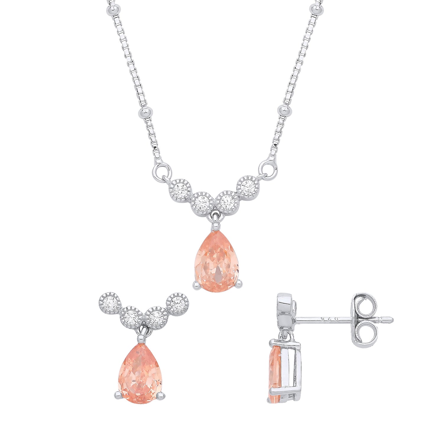 Silver  Peach Pear CZ Bead Halo Cluster Drop Earrings Necklace Set - GSET640