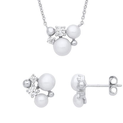 Silver  Pearl CZ Lazy Chilling Snowman Earrings Necklace Set - GSET644