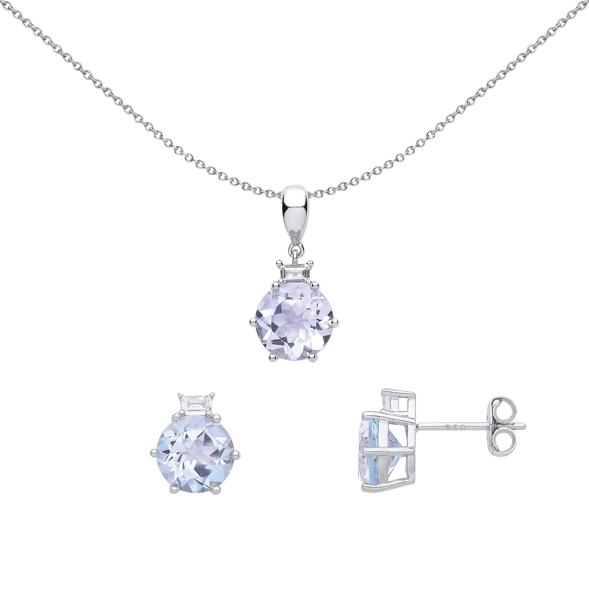 Silver  Lilac CZ Ice Queen Solitaire Earrings Necklace Set 8mm - GSET645