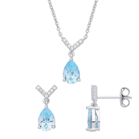 Silver Blue Pear CZ V-Neck Zipper Solitaire Earrings Necklace Set - GSET647