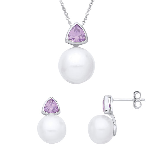 Silver  Lilac Pearl CZ Snowman Toi et Moi Earrings Necklace Set - GSET648