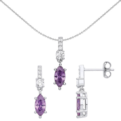 Silver  Lilac CZ Torpedo Chandelier Drop Earrings Necklace Set - GSET651