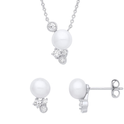 Sterling Silver  Pearl CZ Snowman Drum Kit Earrings Necklace Set - GSET652