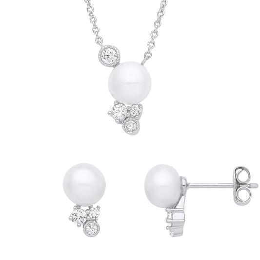 Sterling Silver  Pearl CZ Snowman Drum Kit Earrings Necklace Set - GSET652