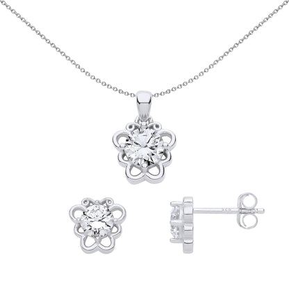 Silver  Butterfly Scrolls Solitaire Earrings Necklace Set - GSET653