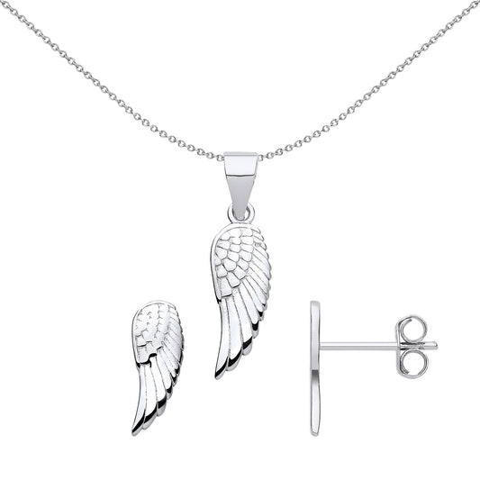 Silver  Feather Angel Wings Earrings Necklace Set - GSET654