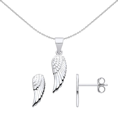 925 Sterling Silver  Feather Angel Wings Earrings Necklace Set - GSET654