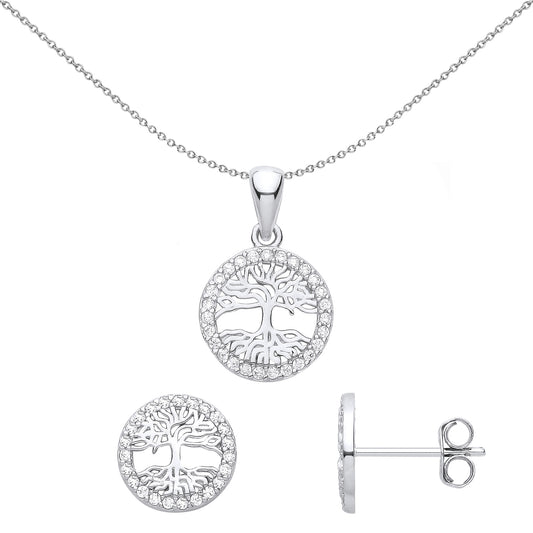 Silver  Circle of Life Tree Halo Earrings Necklace Set - GSET655