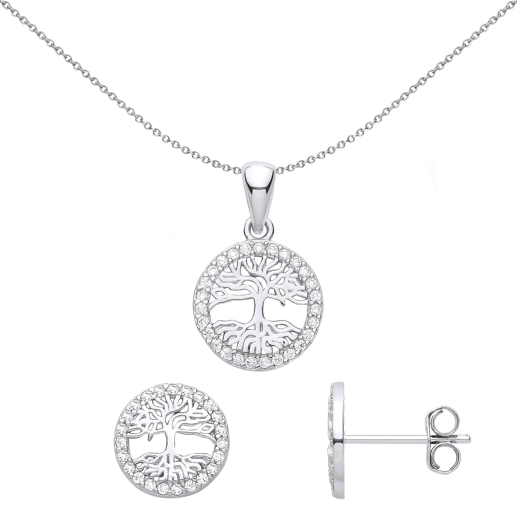 Sterling Silver  CZ Circle of Life Tree Halo Earrings Necklace Set - GSET655