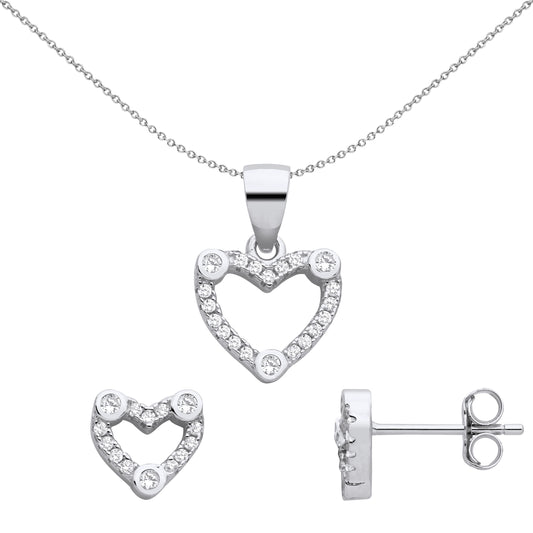 Silver  Love Heart Halo Trilogy Earrings Necklace Set - GSET657