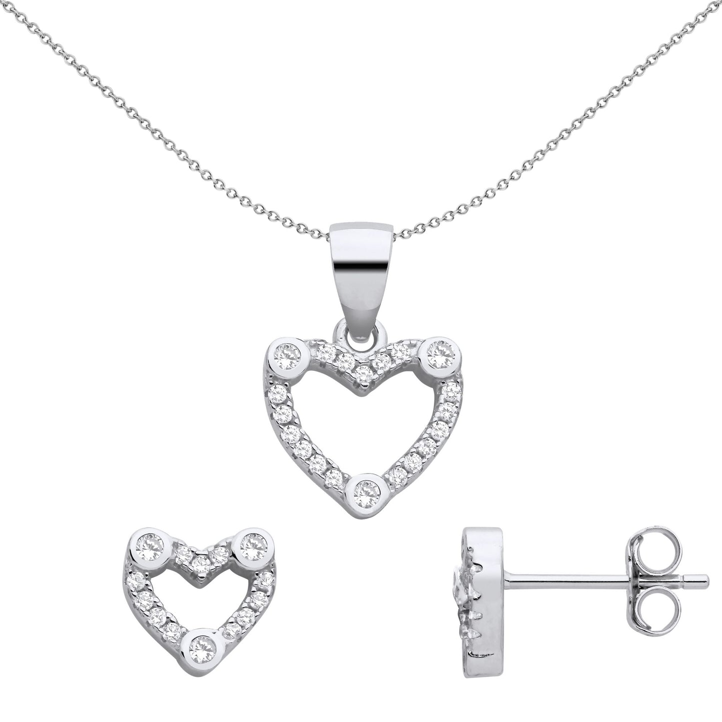 Sterling Silver  CZ Love Heart Halo Trilogy Earrings Necklace Set - GSET657