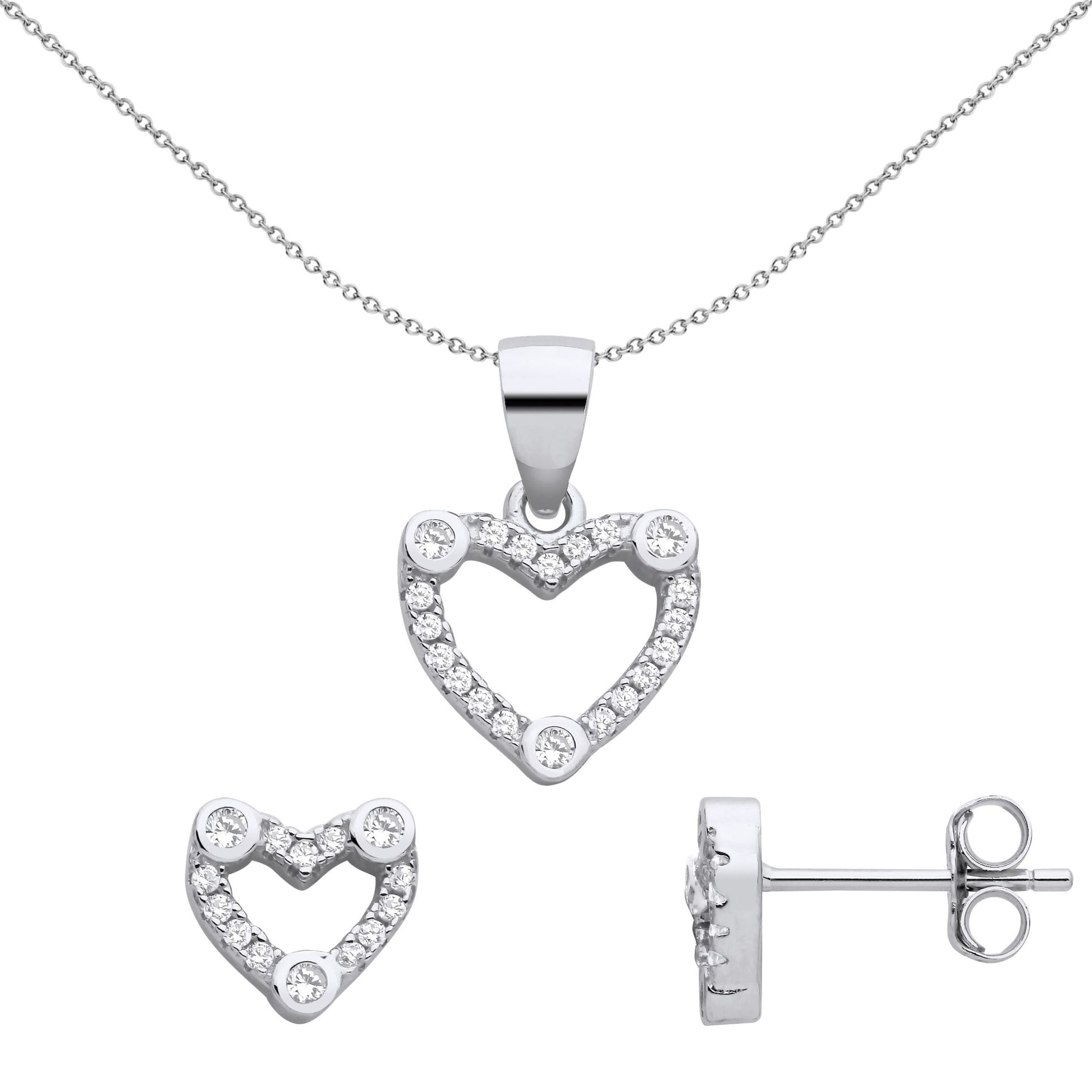 Sterling Silver  CZ Love Heart Halo Trilogy Earrings Necklace Set - GSET657