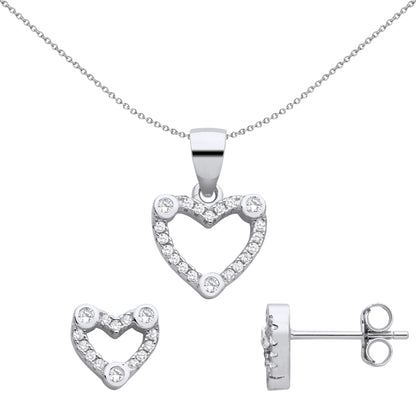 Sterling Silver  CZ Love Heart Halo Trilogy Earrings Necklace Set - GSET657