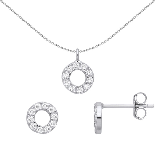 Silver  Circle Halo O Earrings Necklace Set - GSET658