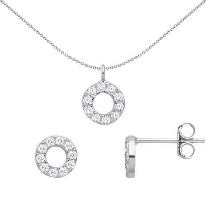 925 Sterling Silver  CZ Circle Halo O Earrings Necklace Set - GSET658