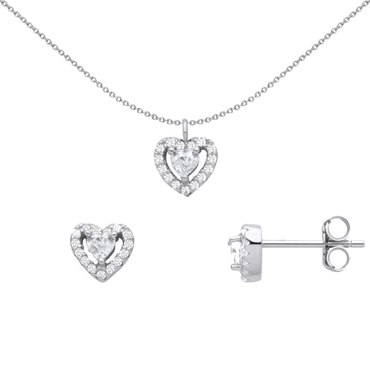 Silver  Love Heart Halo Solitaire Earrings Necklace Set - GSET659