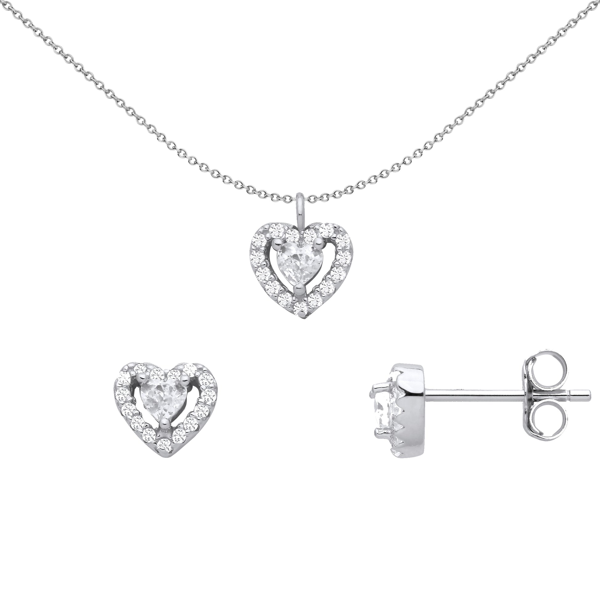 Silver  Heart CZ Love Heart Halo Solitaire Earrings Necklace Set - GSET659